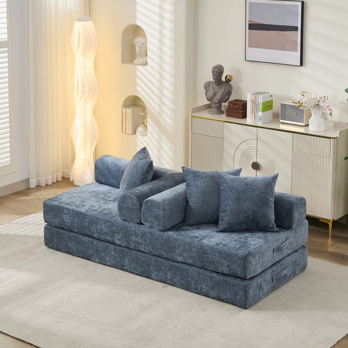 Luxury Chenille 3-in-1 Convertible Floor Sofa Bed with Armrests – Folding Mattress Couch