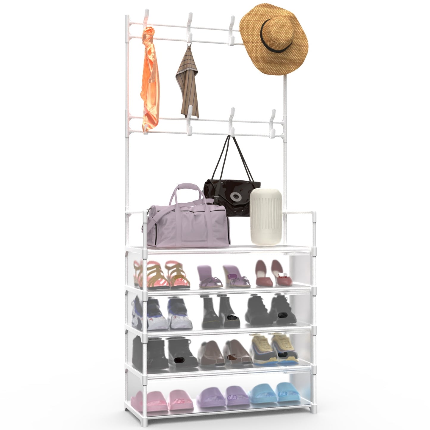 DIY Hall Tree Shoe Rack Organizer – 5-Tier Freestanding Coat Stand with Hooks for Bedroom & Entryway