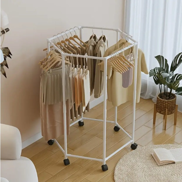 Hexagon Rolling Clothes Rack – Metal Floor Standing Drying & Garment Organizer for Small Rooms, Dorms & Apartments