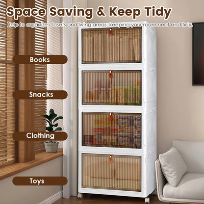 4-Piece Foldable Storage Bins with Wheels & Magnetic Door Design