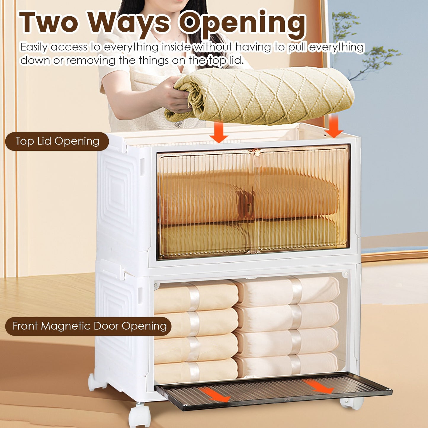 4-Piece Foldable Storage Bins with Wheels & Magnetic Door Design