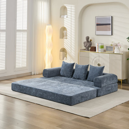 Luxury Chenille 3-in-1 Convertible Floor Sofa Bed with Armrests – Folding Mattress Couch