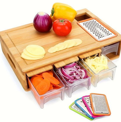 Bamboo Cutting Board with Drawer – Includes 4 Trays, Lids & Vegetable Peeler Set