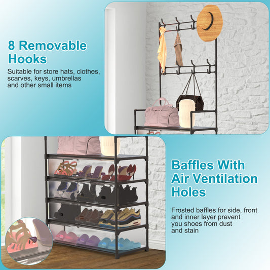 DIY Hall Tree Shoe Rack Organizer – 5-Tier Freestanding Coat Stand with Hooks for Bedroom & Entryway