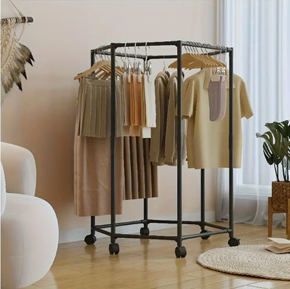 Hexagon Rolling Clothes Rack – Metal Floor Standing Drying & Garment Organizer for Small Rooms, Dorms & Apartments