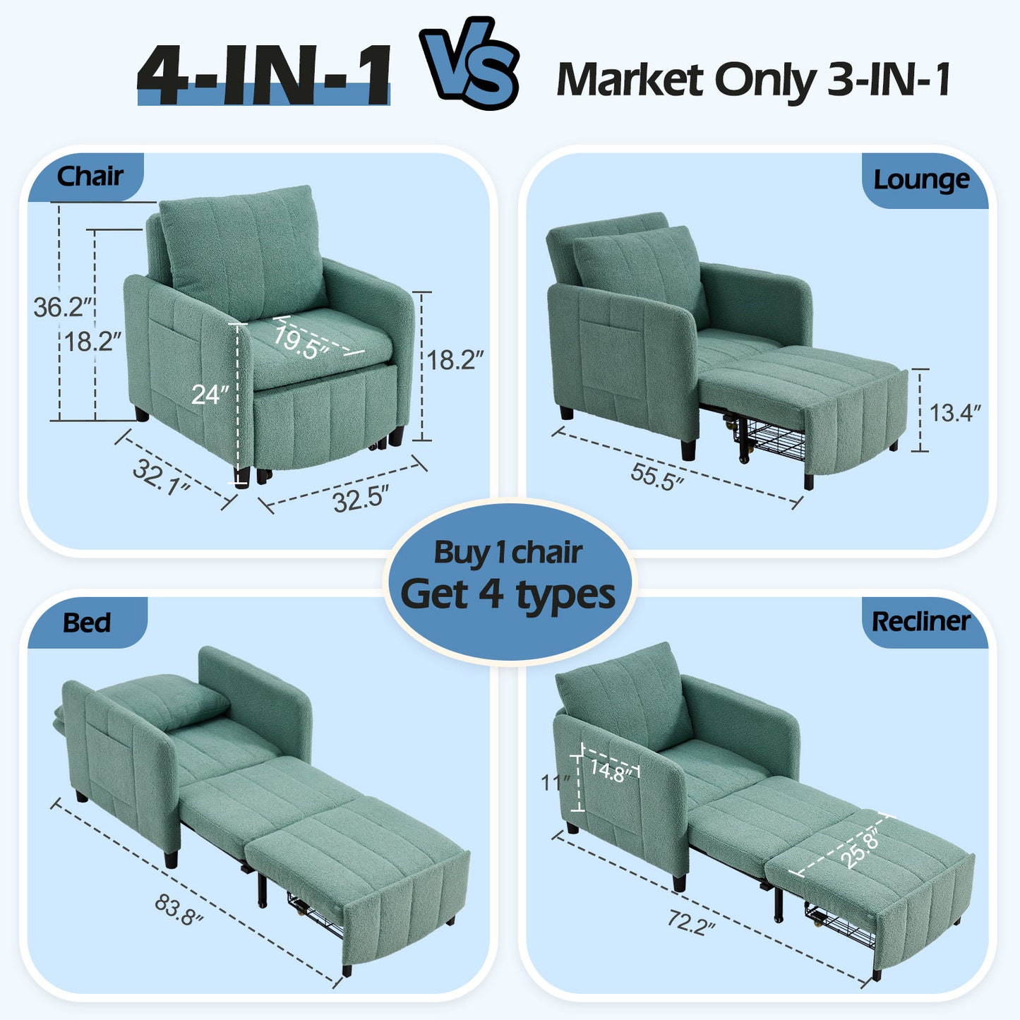 4-in-1 Sleeper Chair Bed with Adjustable Backrest – Space-Saving Guest Bed