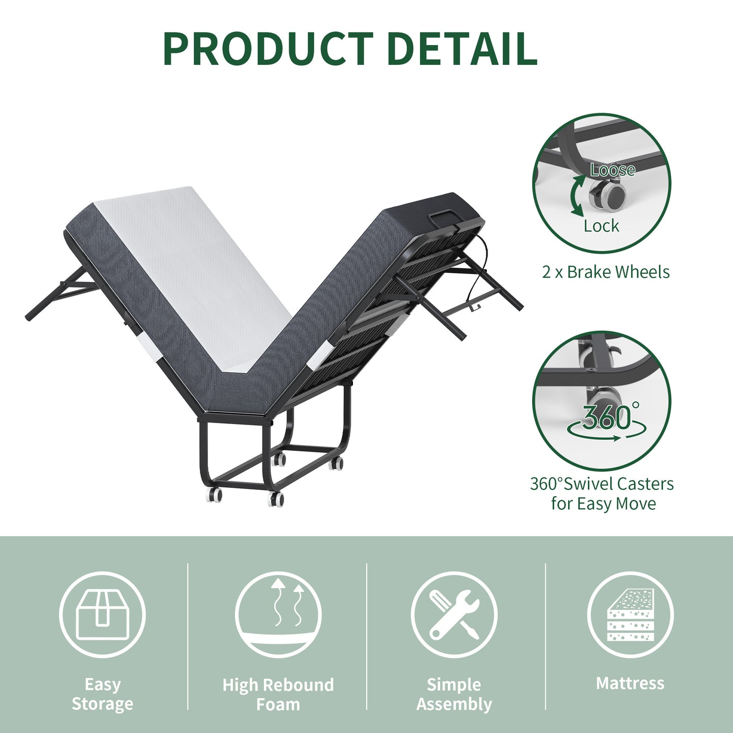 Portable Twin Folding Bed – Rollaway Guest Bed with Memory Foam Mattress & Metal Frame
