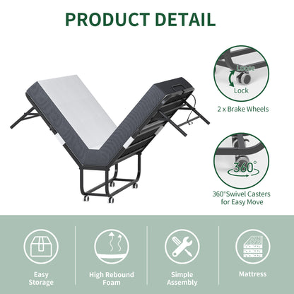 Portable Twin Folding Bed – Rollaway Guest Bed with Memory Foam Mattress & Metal Frame