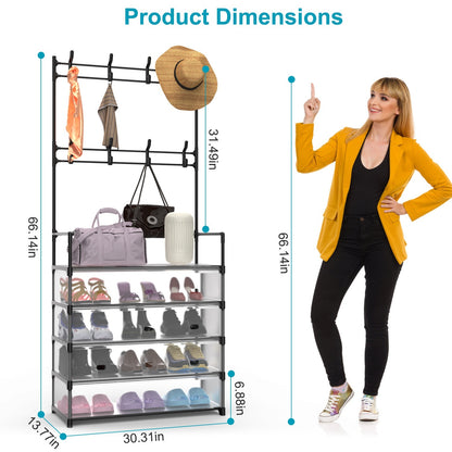 DIY Hall Tree Shoe Rack Organizer – 5-Tier Freestanding Coat Stand with Hooks for Bedroom & Entryway