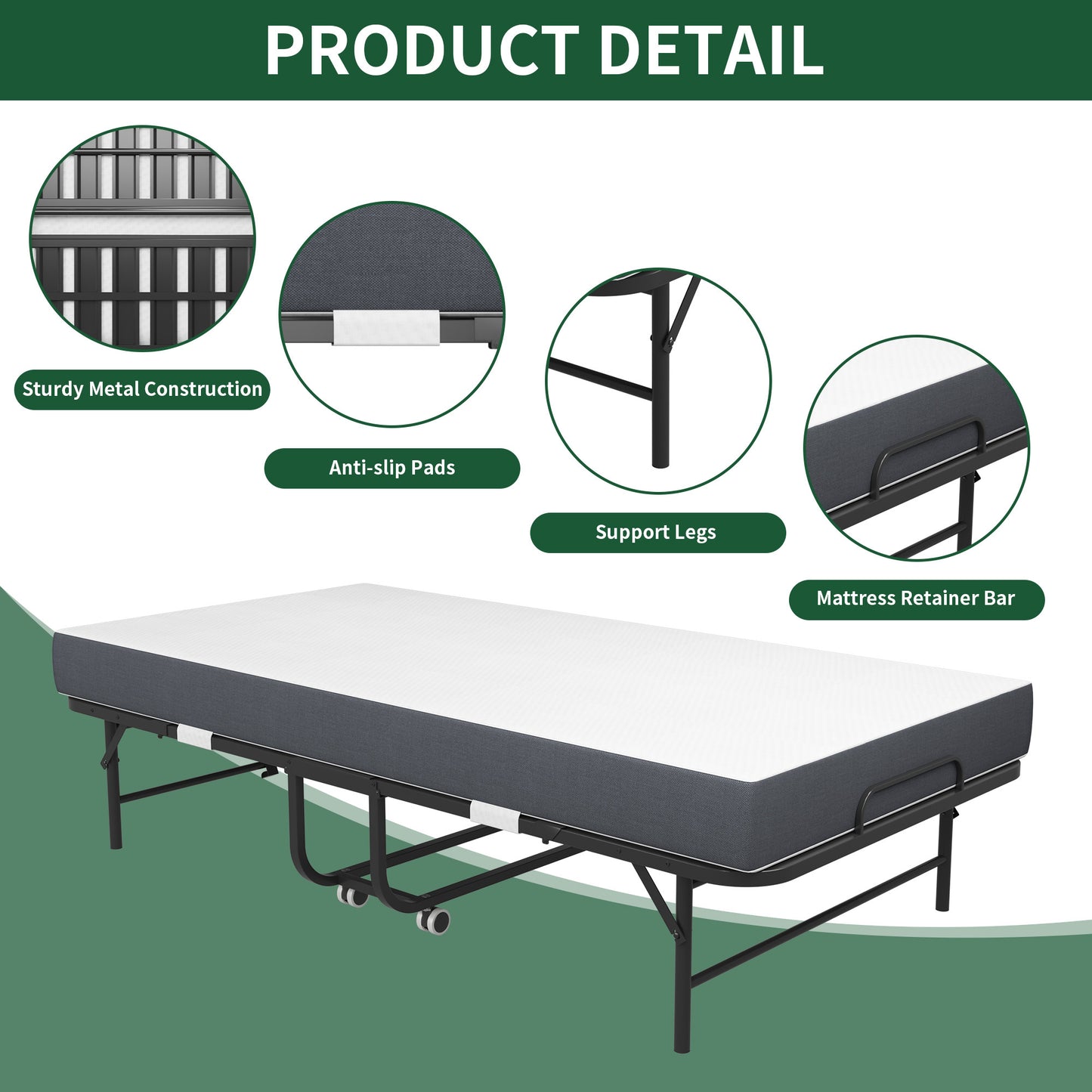 Portable Twin Folding Bed – Rollaway Guest Bed with Memory Foam Mattress & Metal Frame