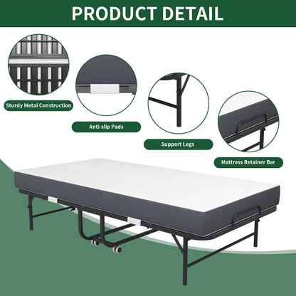 Portable Twin Folding Bed – Rollaway Guest Bed with Memory Foam Mattress & Metal Frame