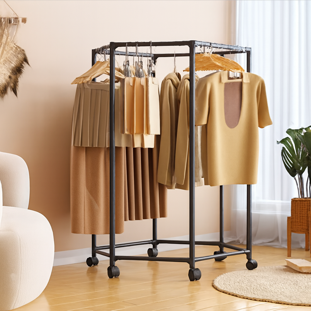 Hexagon Rolling Clothes Rack – Metal Floor Standing Drying & Garment Organizer for Small Rooms, Dorms & Apartments