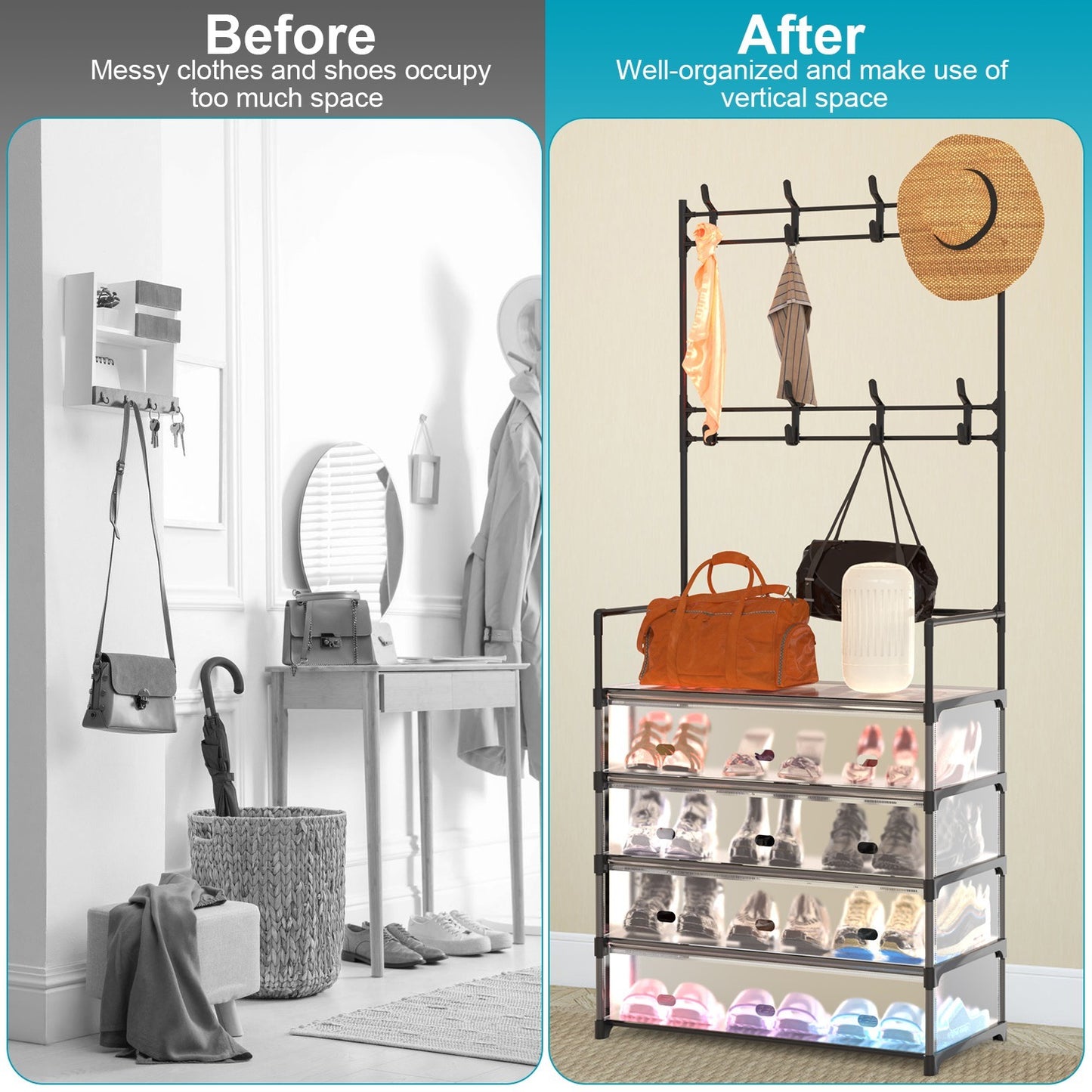 DIY Hall Tree Shoe Rack Organizer – 5-Tier Freestanding Coat Stand with Hooks for Bedroom & Entryway