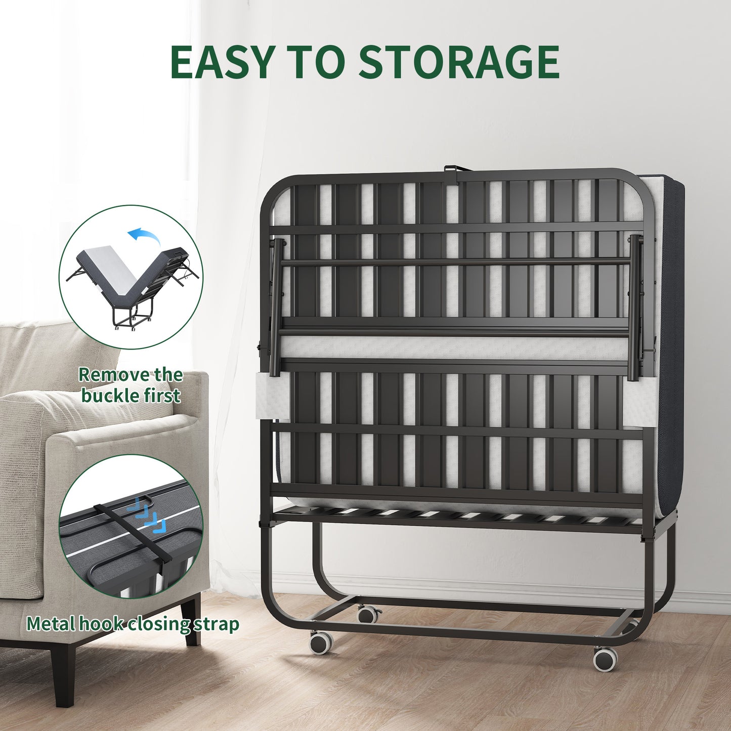 Portable Twin Folding Bed – Rollaway Guest Bed with Memory Foam Mattress & Metal Frame