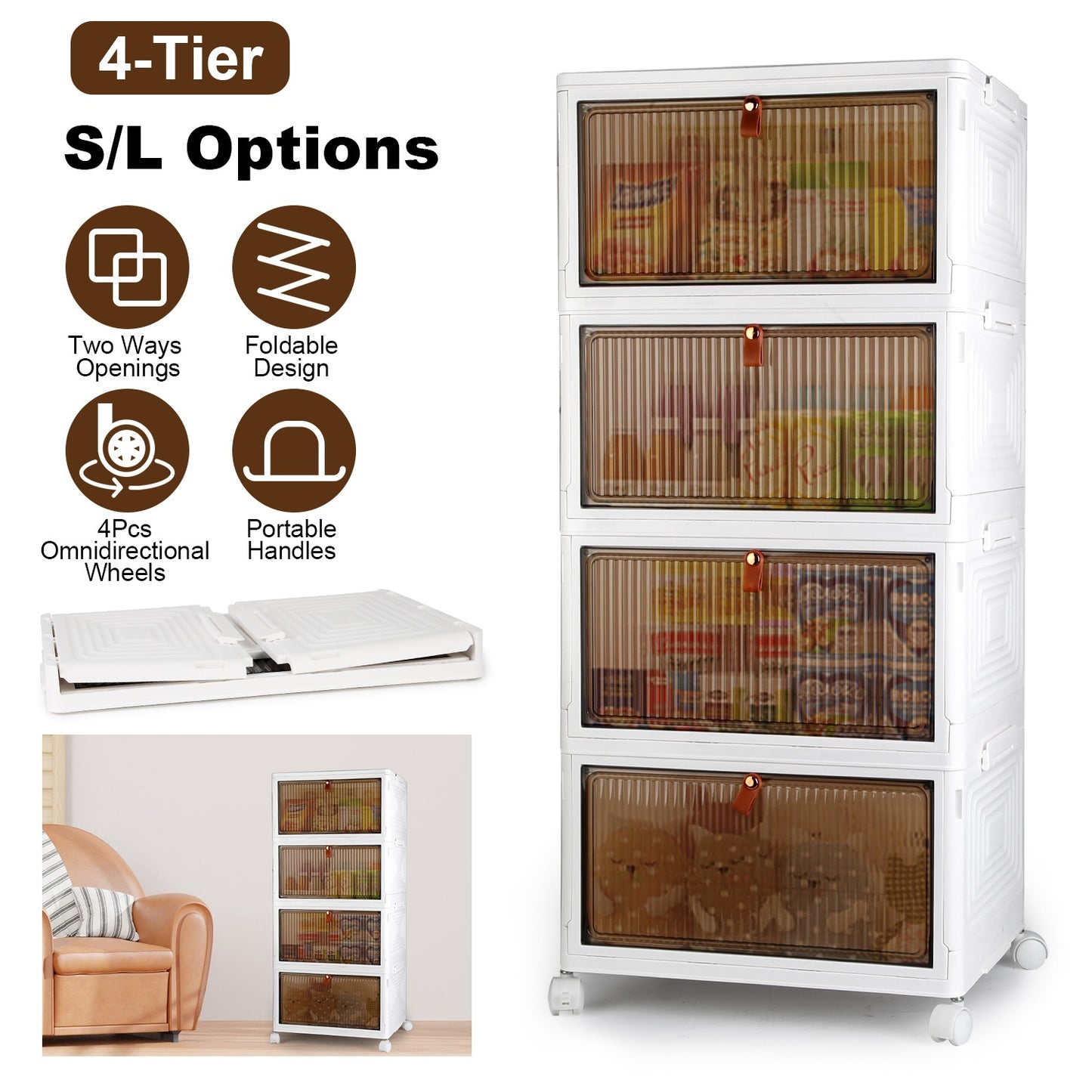 4-Piece Foldable Storage Bins with Wheels & Magnetic Door Design