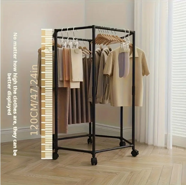 Hexagon Rolling Clothes Rack – Metal Floor Standing Drying & Garment Organizer for Small Rooms, Dorms & Apartments