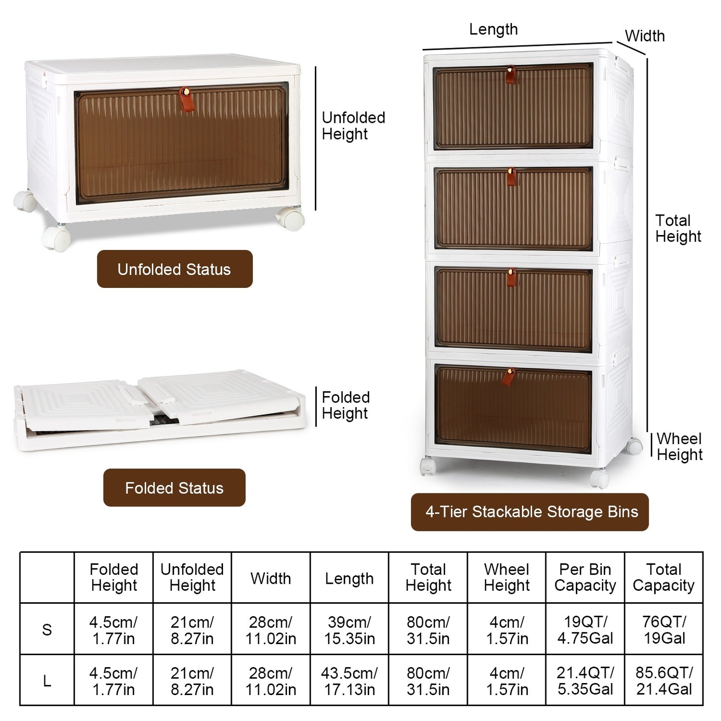 4-Piece Foldable Storage Bins with Wheels & Magnetic Door Design