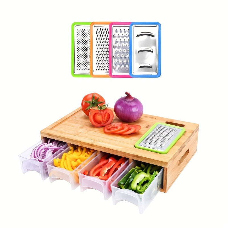 Bamboo Cutting Board with Drawer – Includes 4 Trays, Lids & Vegetable Peeler Set