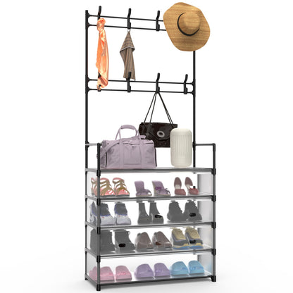 DIY Hall Tree Shoe Rack Organizer – 5-Tier Freestanding Coat Stand with Hooks for Bedroom & Entryway