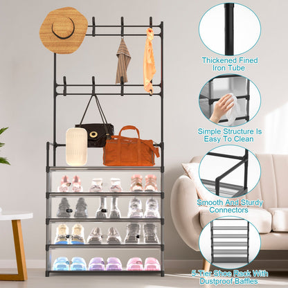 DIY Hall Tree Shoe Rack Organizer – 5-Tier Freestanding Coat Stand with Hooks for Bedroom & Entryway