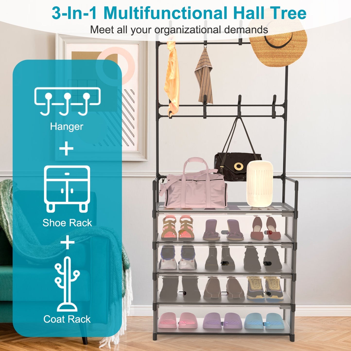 DIY Hall Tree Shoe Rack Organizer – 5-Tier Freestanding Coat Stand with Hooks for Bedroom & Entryway